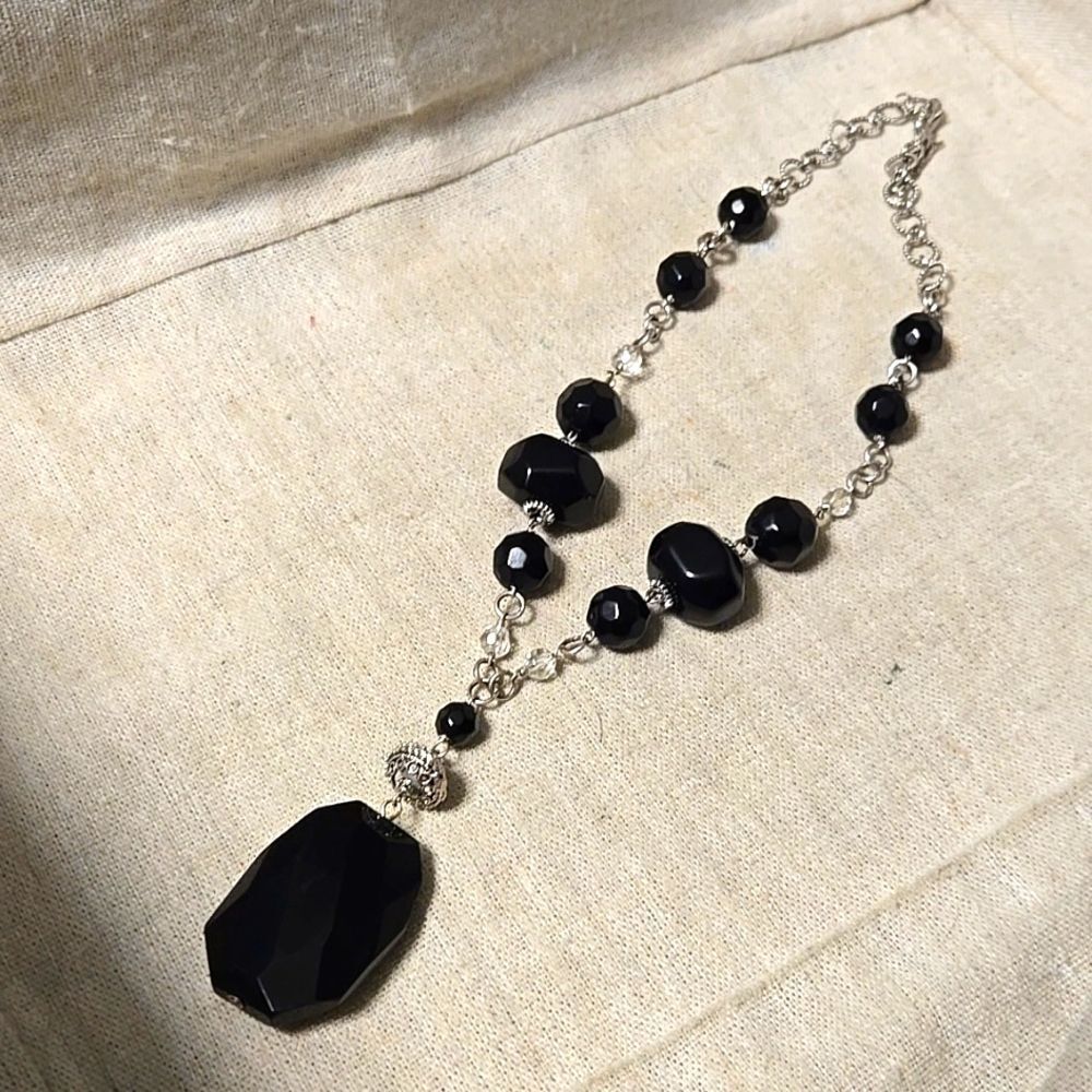 Vintage Brighton Crossroads Silver Onyx Faceted Goth Y-drop Necklace